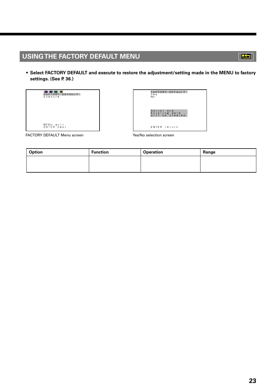 23 using the factory default menu | FUJITSU PLASMAVISION PDS4229W User Manual | Page 24 / 42