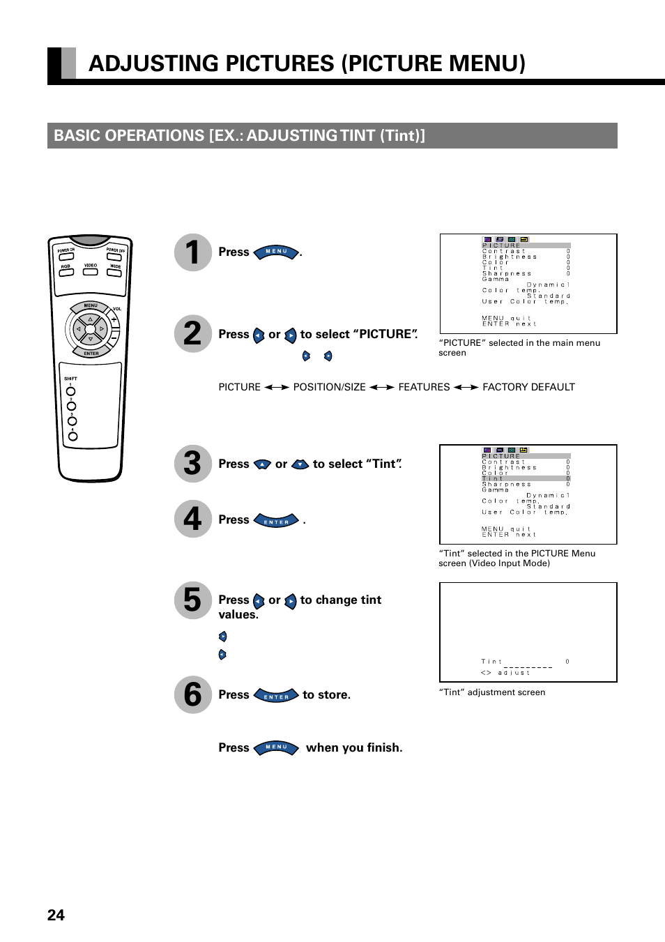 Adjusting pictures (picture menu) | FUJITSU PLASMAVISION PDS4229W User Manual | Page 25 / 42