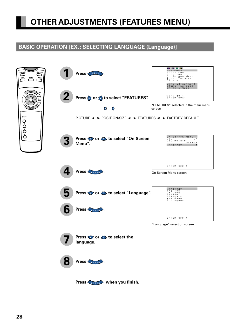 Other adjustments (features menu) | FUJITSU PLASMAVISION PDS4229W User Manual | Page 29 / 42