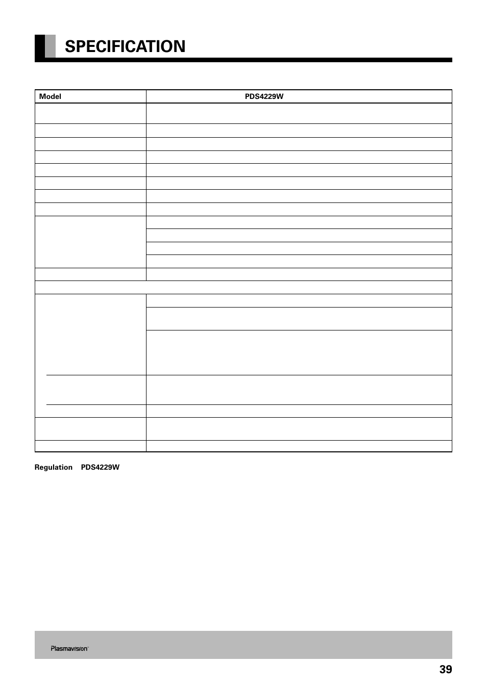 Specification | FUJITSU PLASMAVISION PDS4229W User Manual | Page 40 / 42