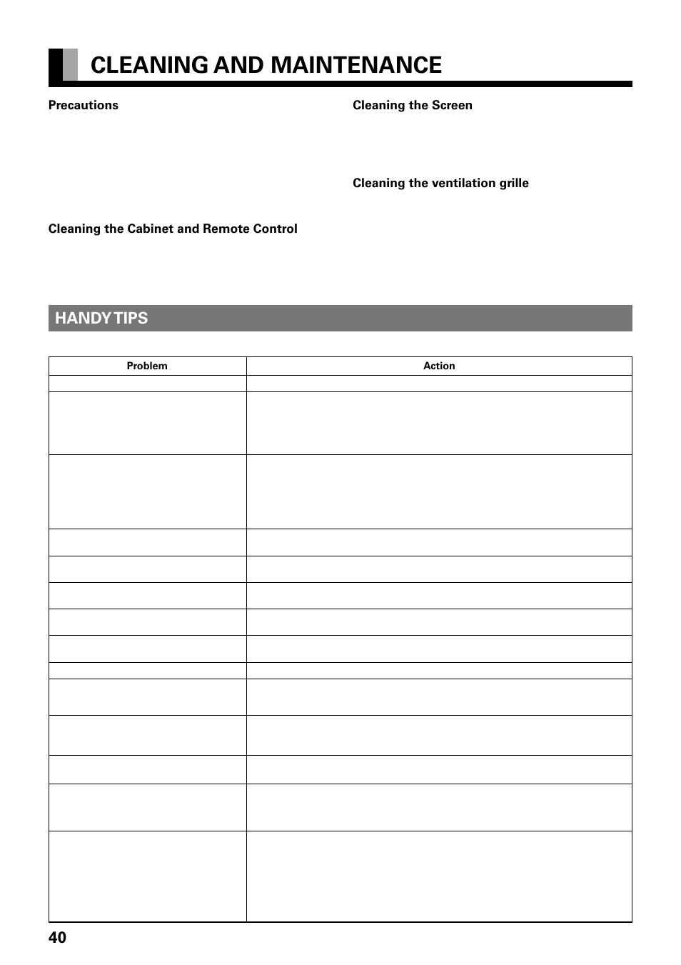 Cleaning and maintenance, Handy tips | FUJITSU PLASMAVISION PDS4229W User Manual | Page 41 / 42