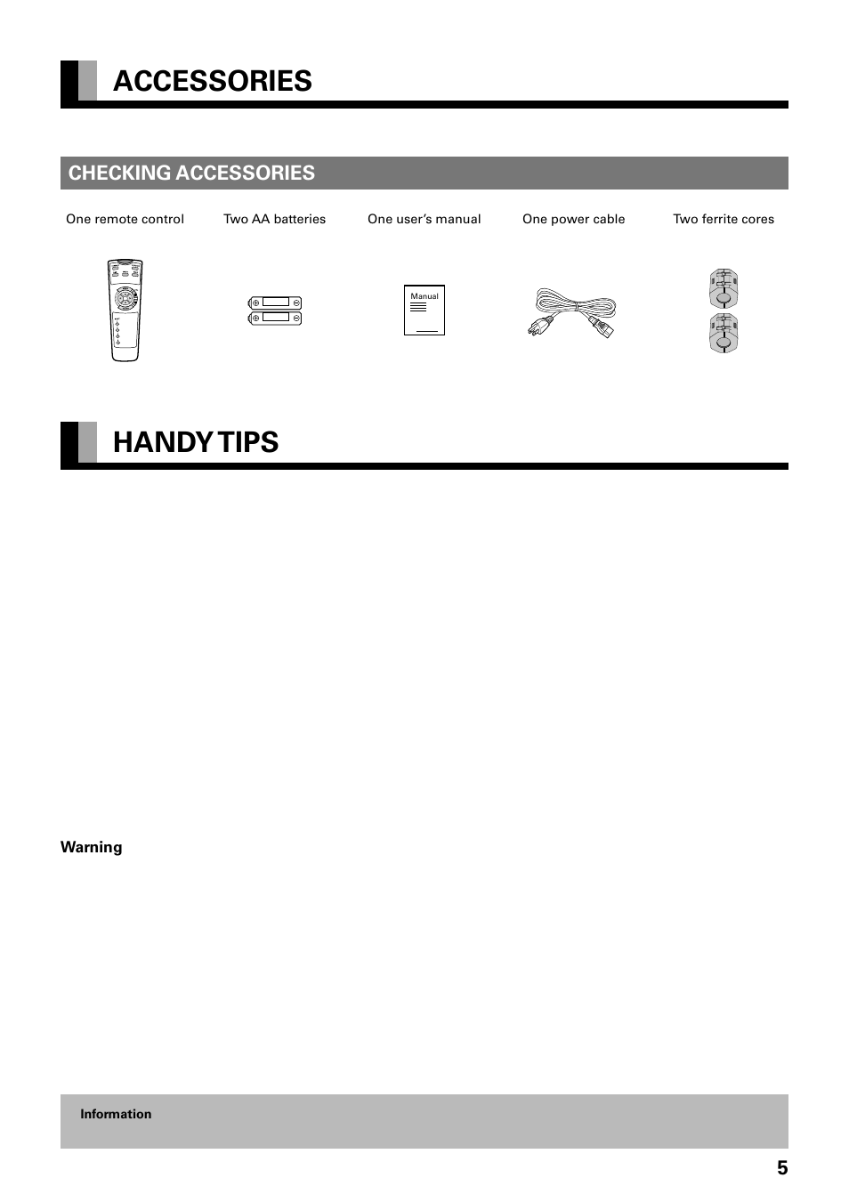 Accessories, Handy tips, Checking accessories | FUJITSU PLASMAVISION PDS4229W User Manual | Page 6 / 42