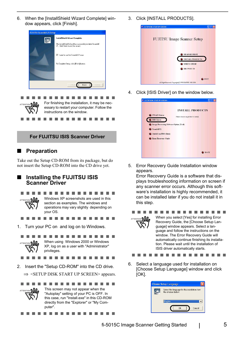 Preparation, Installing the fujitsu isis scanner driver | FUJITSU fi-5015C User Manual | Page 13 / 26