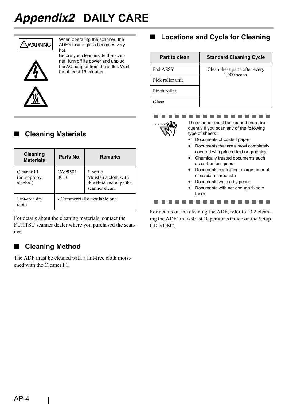 Appendix2 daily care, Appendix2 daily, Appendix2 | Daily care, Ap-4, Cleaning materials, Cleaning method, Locations and cycle for cleaning | FUJITSU fi-5015C User Manual | Page 24 / 26