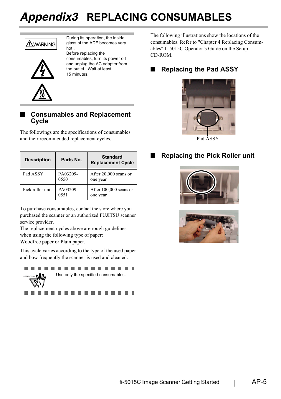 Appendix3 replacing consumables, Appendix3 replacing, Consumables.......................... ap-5 | Appendix3, Replacing consumables, Ap-5, Consumables and replacement cycle | FUJITSU fi-5015C User Manual | Page 25 / 26
