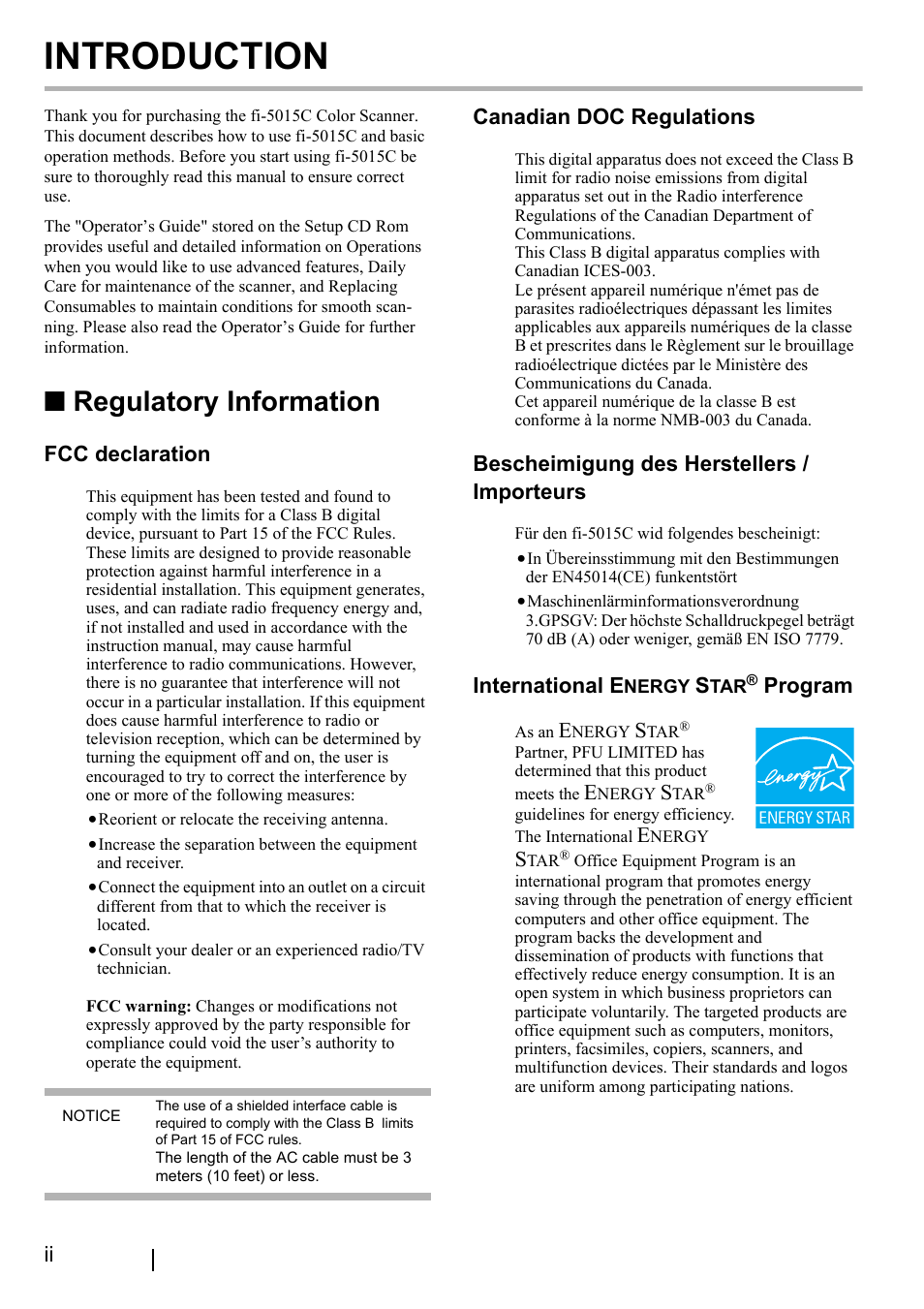 Regulatory information, Introduction, Fcc declaration | Canadian doc regulations, Bescheimigung des herstellers / importeurs, International e, Program | FUJITSU fi-5015C User Manual | Page 4 / 26