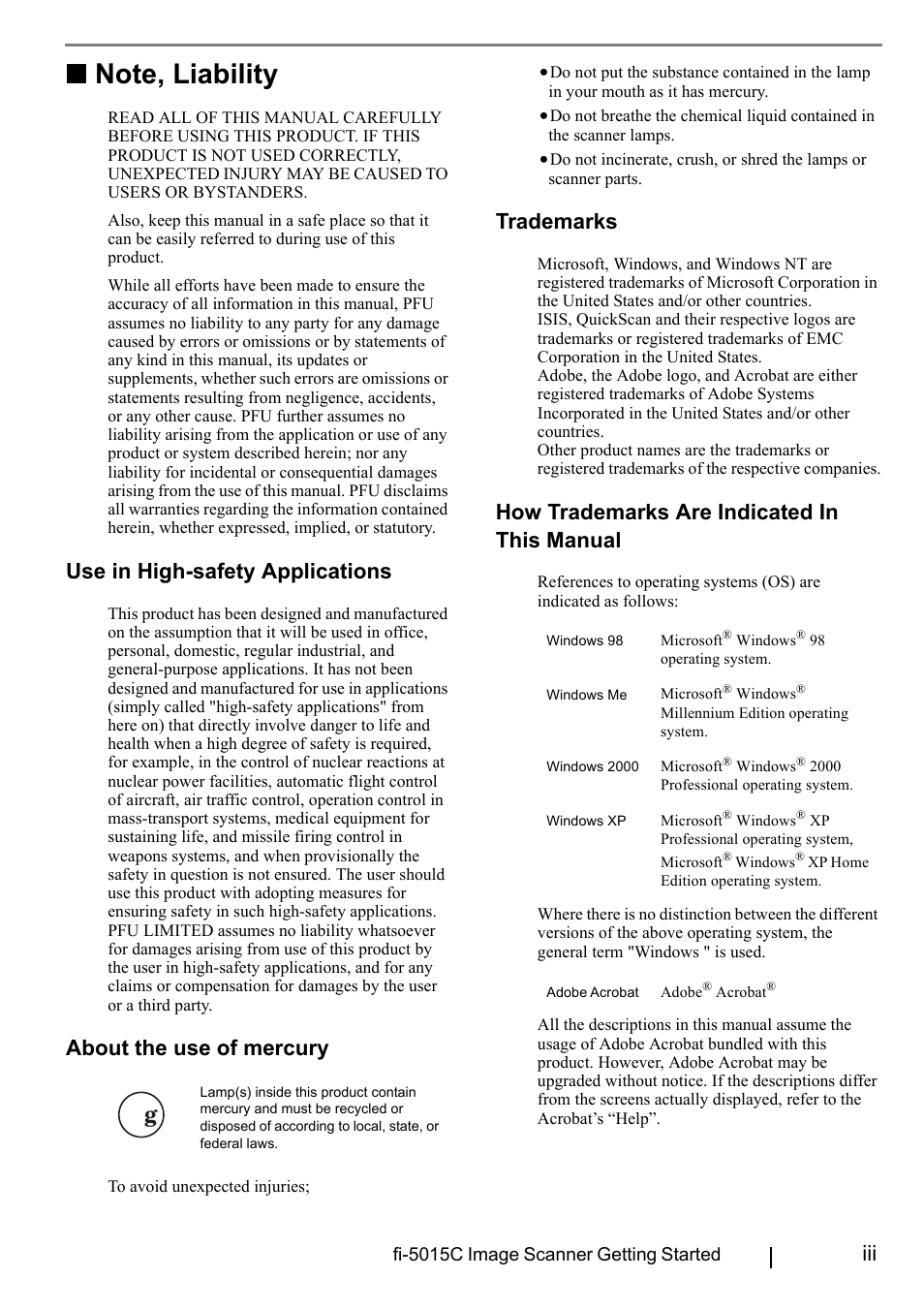 Note, liability, Use in high-safety applications, About the use of mercury | Trademarks, How trademarks are indicated in this manual | FUJITSU fi-5015C User Manual | Page 5 / 26