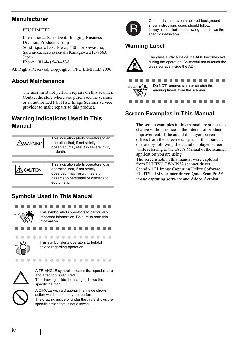 Iv manufacturer, About maintenance, Screen examples in this manual | FUJITSU fi-5015C User Manual | Page 6 / 26