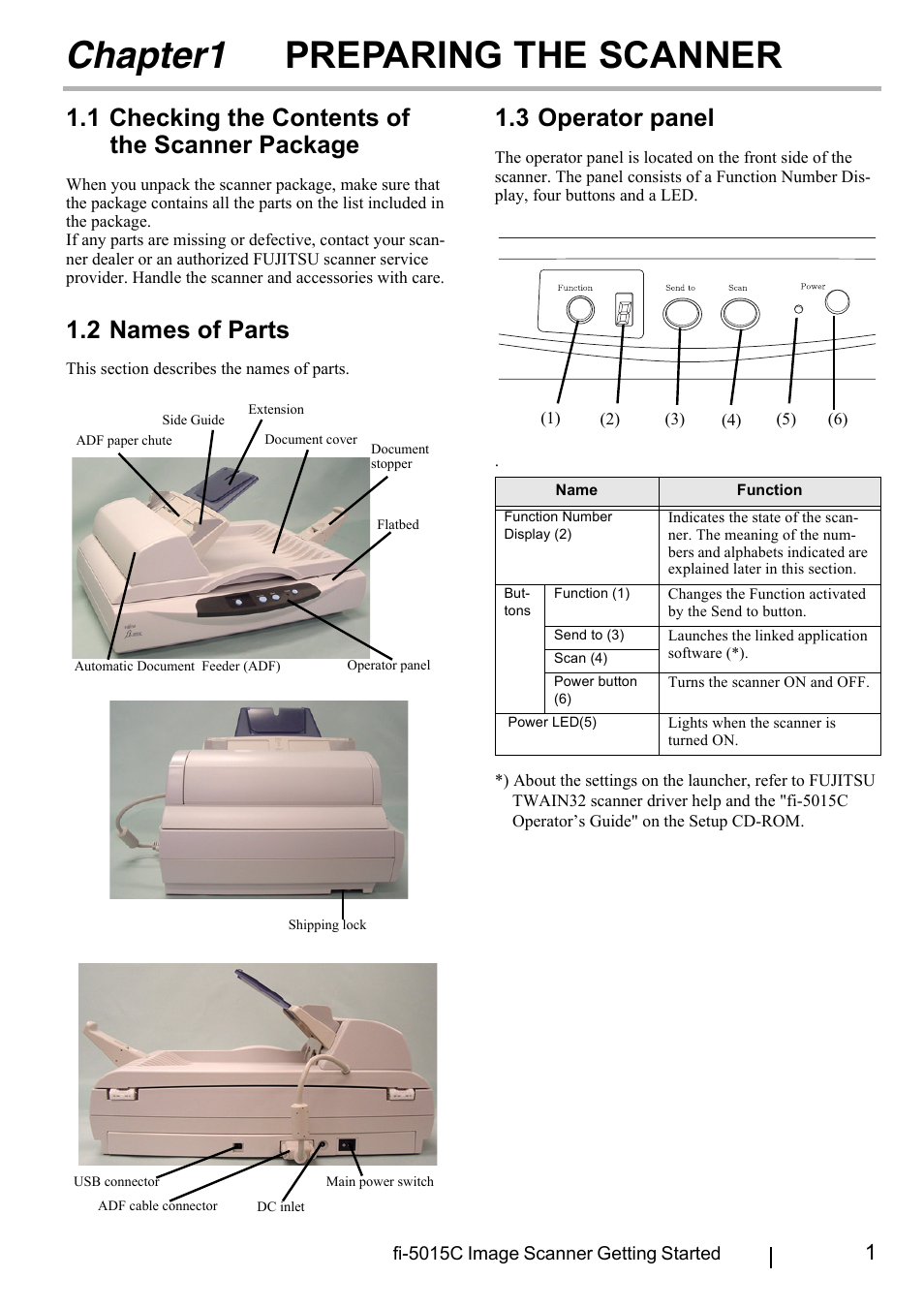 Chapter1 preparing the scanner, 1 checking the contents of the scanner package, 2 names of parts | 3 operator panel, Chapter1, Preparing the scanner | FUJITSU fi-5015C User Manual | Page 9 / 26
