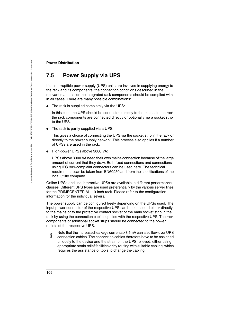 5 power supply via ups, Power supply via ups, Power distribution | FUJITSU Primecenter M1 BS2000 User Manual | Page 106 / 117