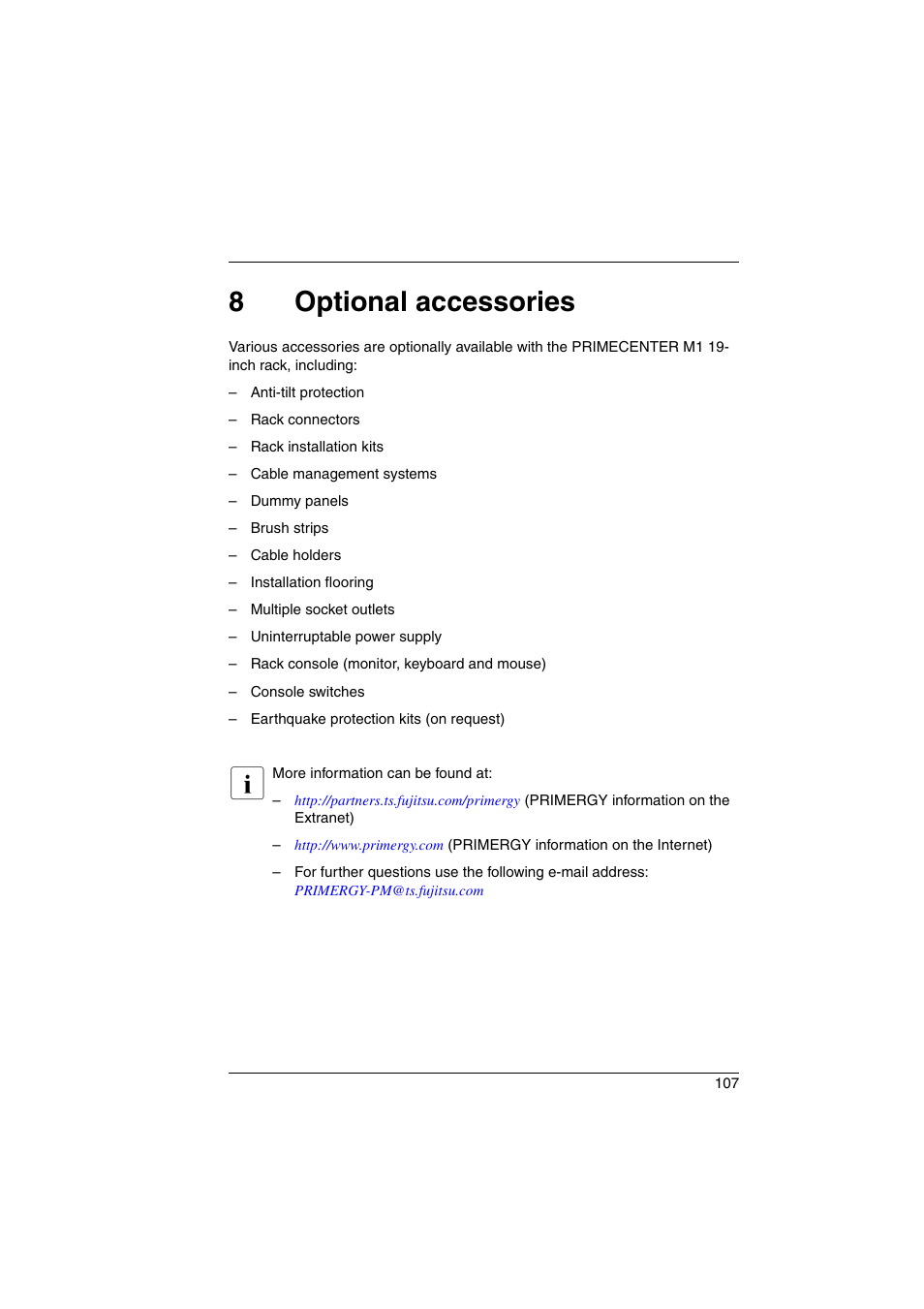 8 optional accessories, Optional accessories, 8optional accessories | FUJITSU Primecenter M1 BS2000 User Manual | Page 107 / 117