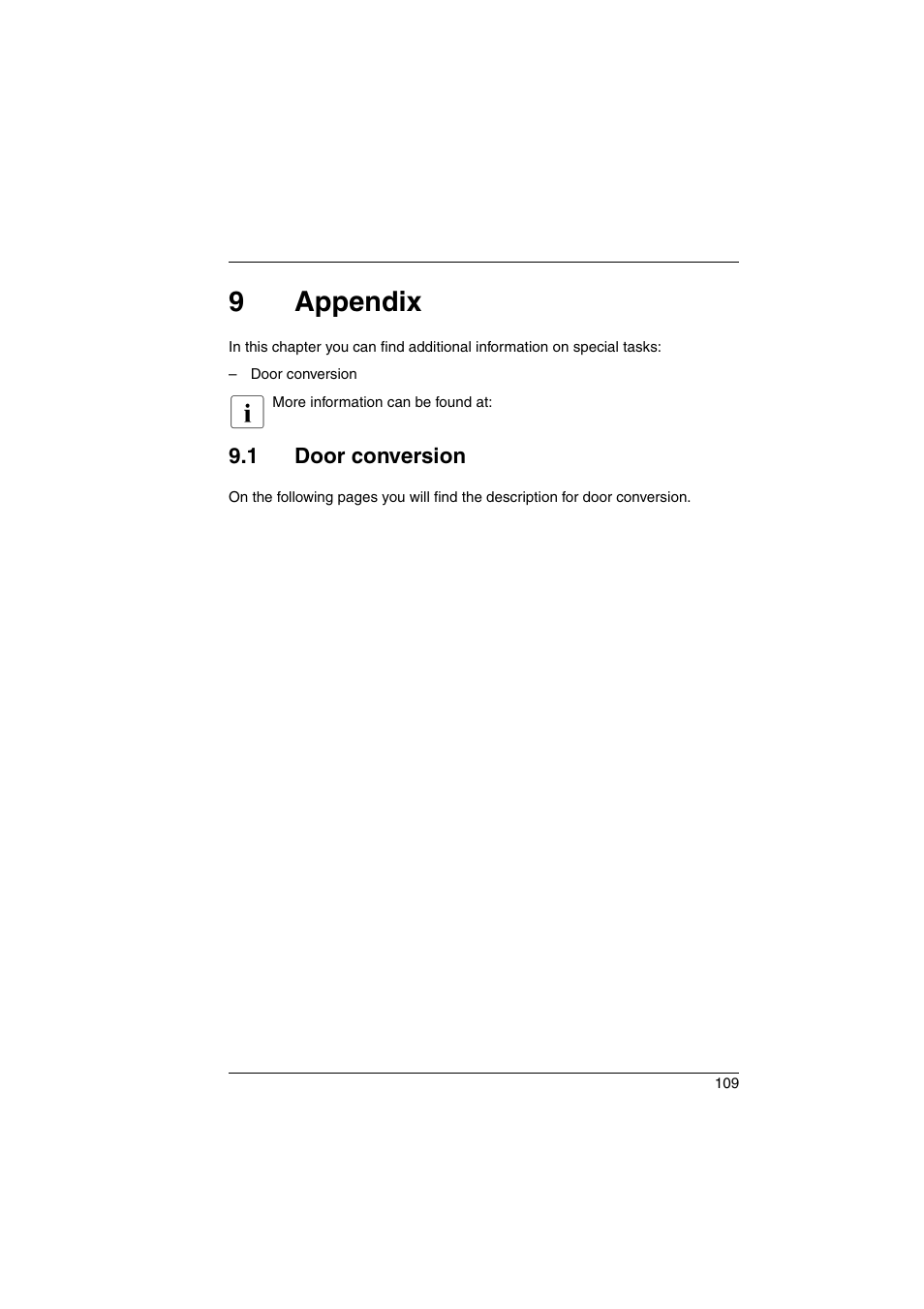 9 appendix, 1 door conversion, Appendix | Door conversion, 9appendix | FUJITSU Primecenter M1 BS2000 User Manual | Page 109 / 117