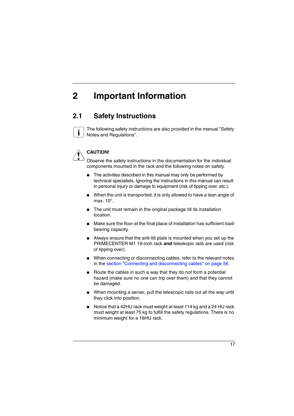 2 important information, 1 safety instructions, Important information | Safety instructions, 2important information | FUJITSU Primecenter M1 BS2000 User Manual | Page 17 / 117