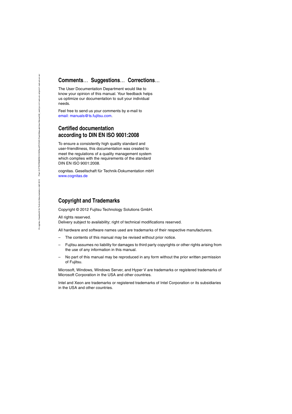 Comments … suggestions … corrections, Copyright and trademarks | FUJITSU Primecenter M1 BS2000 User Manual | Page 2 / 117
