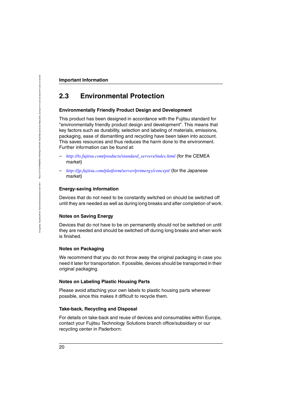 3 environmental protection, Environmental protection, Important information | FUJITSU Primecenter M1 BS2000 User Manual | Page 20 / 117