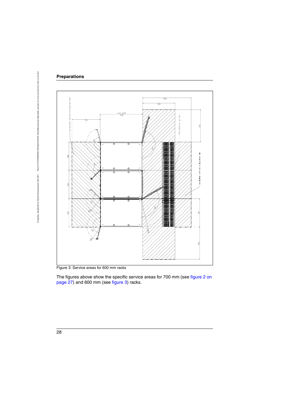 Preparations, Figure 3: service areas for 600 mm racks | FUJITSU Primecenter M1 BS2000 User Manual | Page 28 / 117