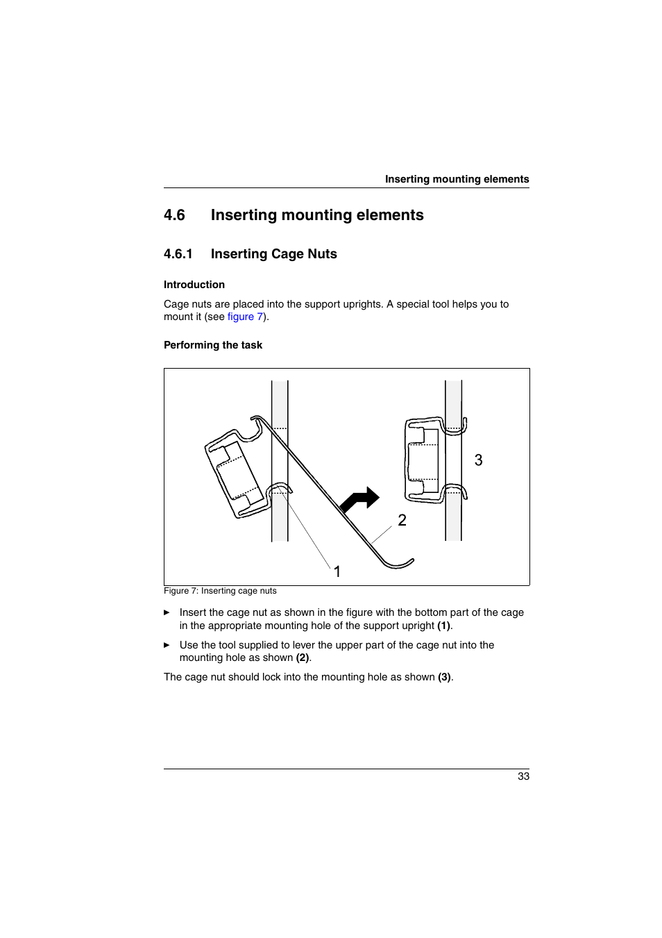 6 inserting mounting elements, 1 inserting cage nuts, Inserting mounting elements | Inserting cage nuts | FUJITSU Primecenter M1 BS2000 User Manual | Page 33 / 117