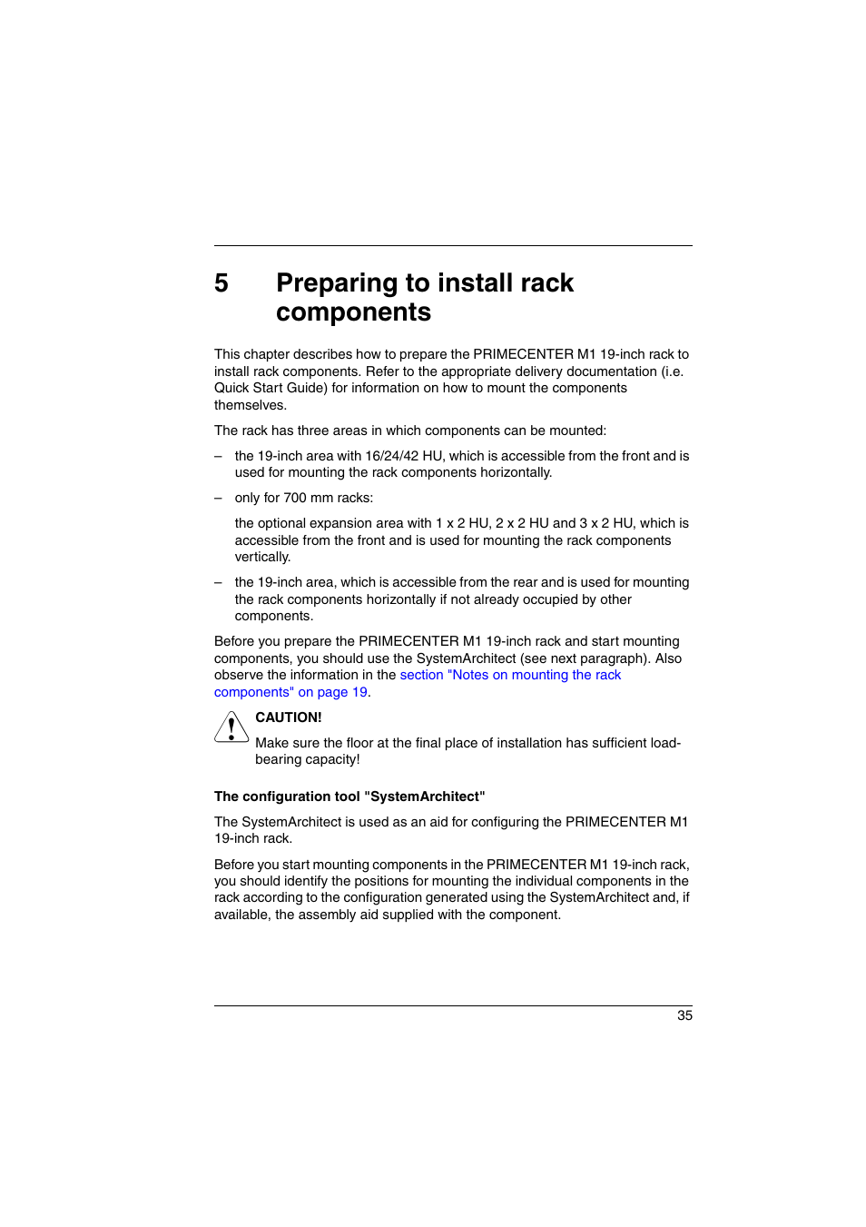 5 preparing to install rack components, Preparing to install rack components, 5preparing to install rack components | FUJITSU Primecenter M1 BS2000 User Manual | Page 35 / 117