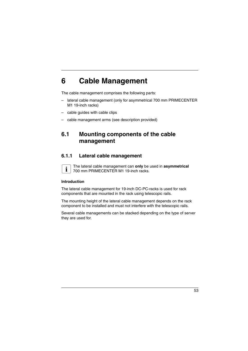 6 cable management, 1 mounting components of the cable management, 1 lateral cable management | Cable management, Mounting components of the cable management, Lateral cable management, 6cable management | FUJITSU Primecenter M1 BS2000 User Manual | Page 53 / 117