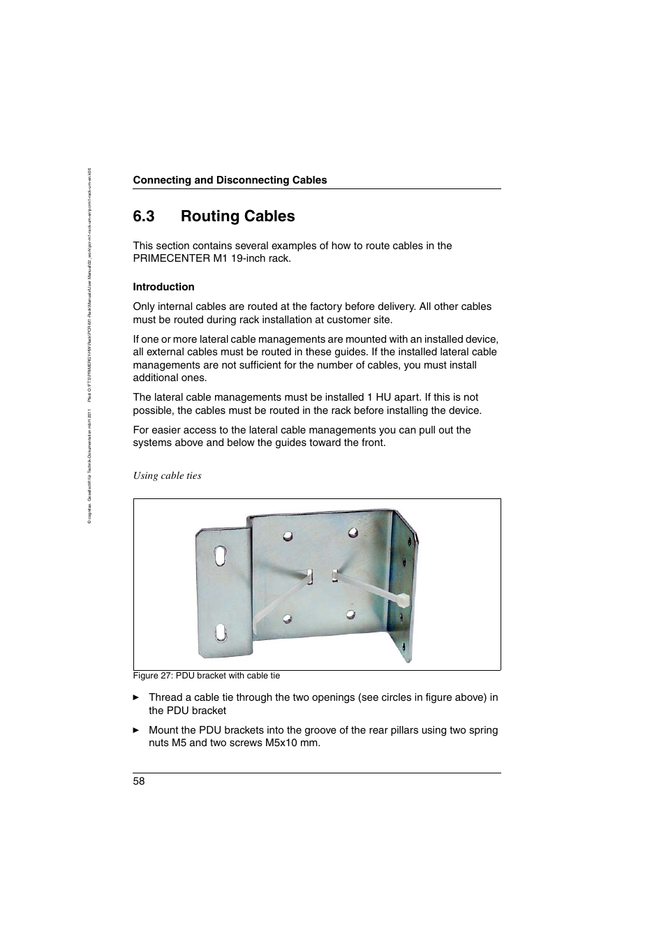 3 routing cables, Routing cables, Connecting and disconnecting cables | Figure 27: pdu bracket with cable tie | FUJITSU Primecenter M1 BS2000 User Manual | Page 58 / 117