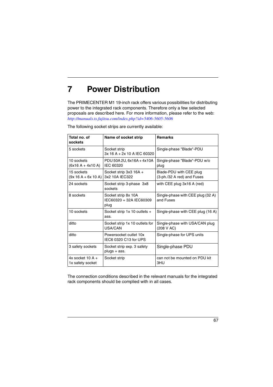 7 power distribution, Power distribution, Chapter | 7power distribution | FUJITSU Primecenter M1 BS2000 User Manual | Page 67 / 117