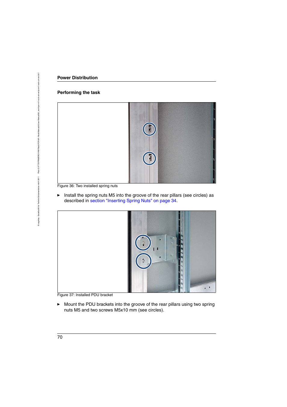 Power distribution, Performing the task, Figure 36: two installed spring nuts | Figure 37: installed pdu bracket | FUJITSU Primecenter M1 BS2000 User Manual | Page 70 / 117