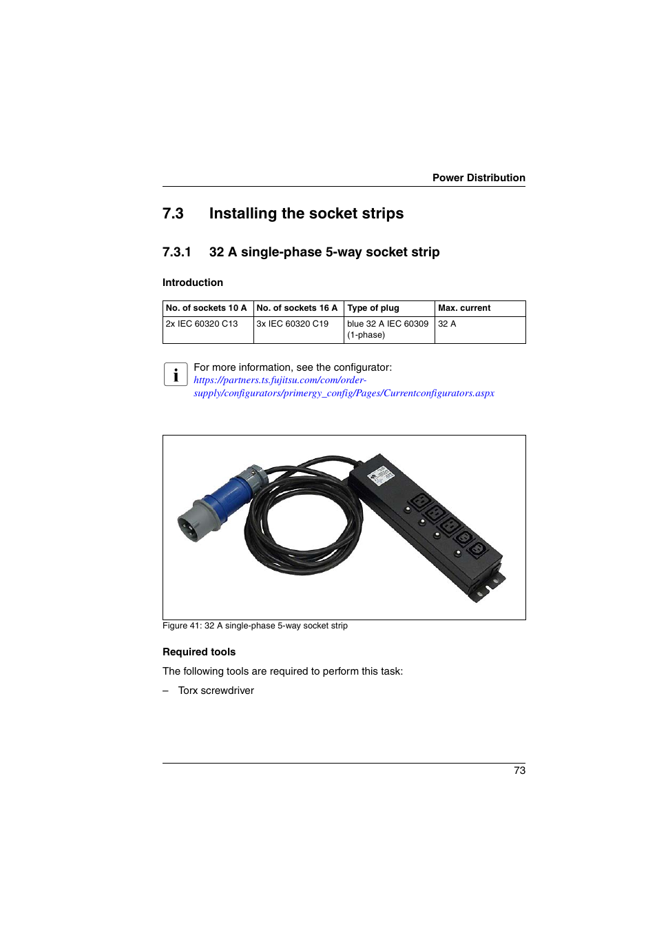 3 installing the socket strips, 1 32 a single-phase 5-way socket strip, Installing the socket strips | 32 a single-phase 5-way socket strip | FUJITSU Primecenter M1 BS2000 User Manual | Page 73 / 117
