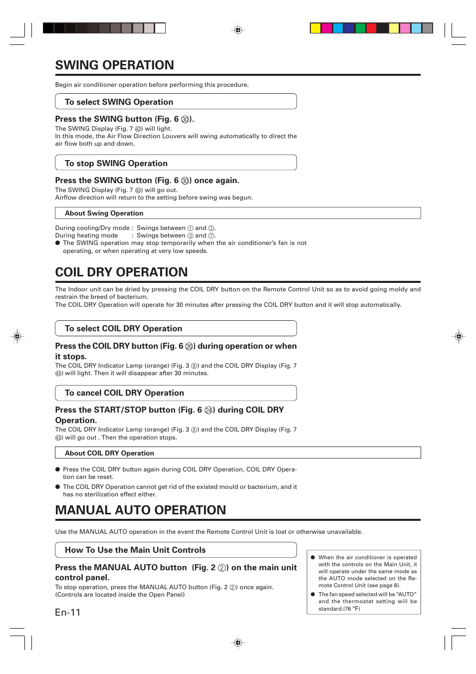 Swing operation manual auto operation, Coil dry operation, En-11 | FUJITSU AOU15RLQ User Manual | Page 13 / 20