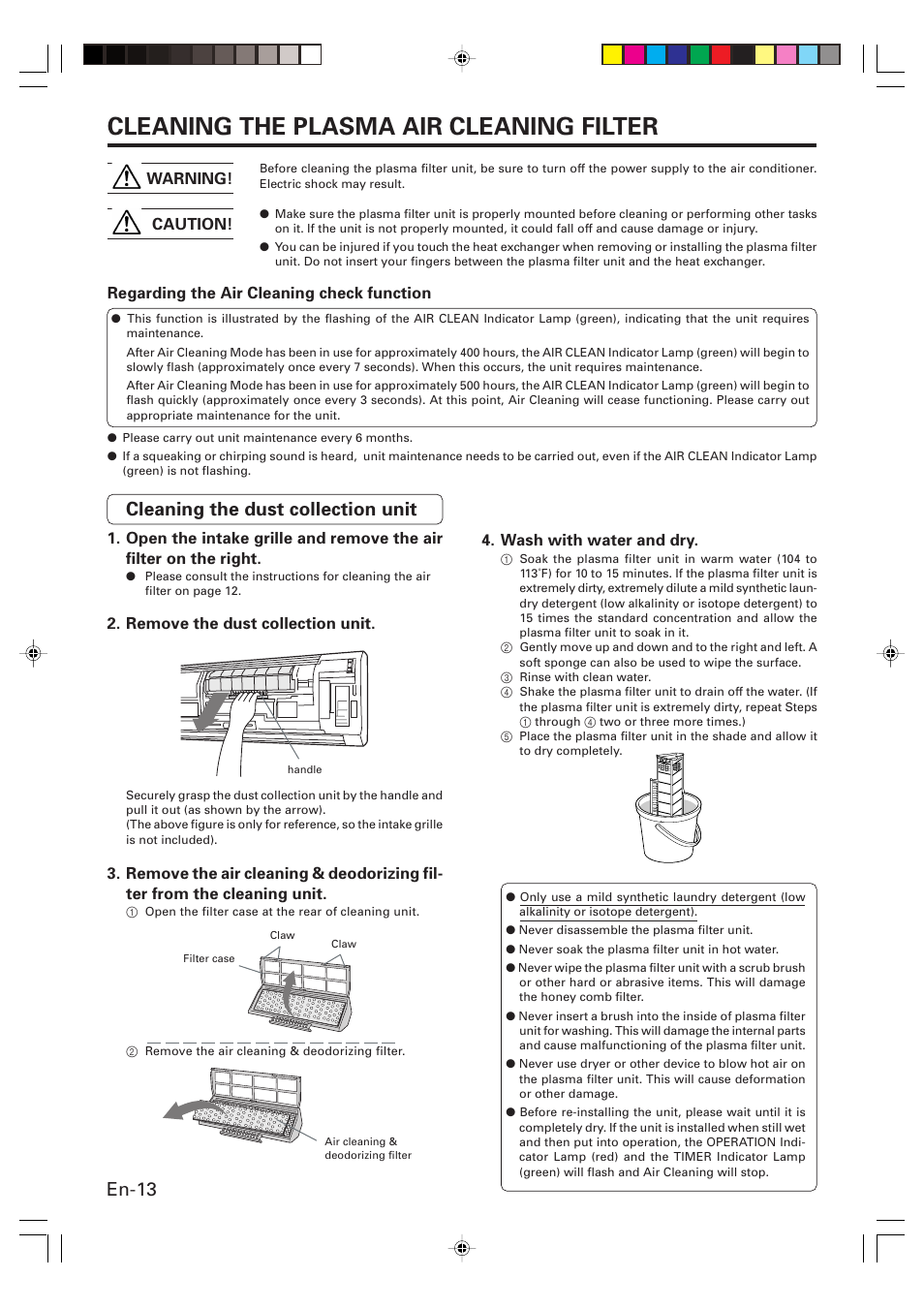 Cleaning the plasma air cleaning filter, En-13, Cleaning the dust collection unit | FUJITSU AOU15RLQ User Manual | Page 15 / 20