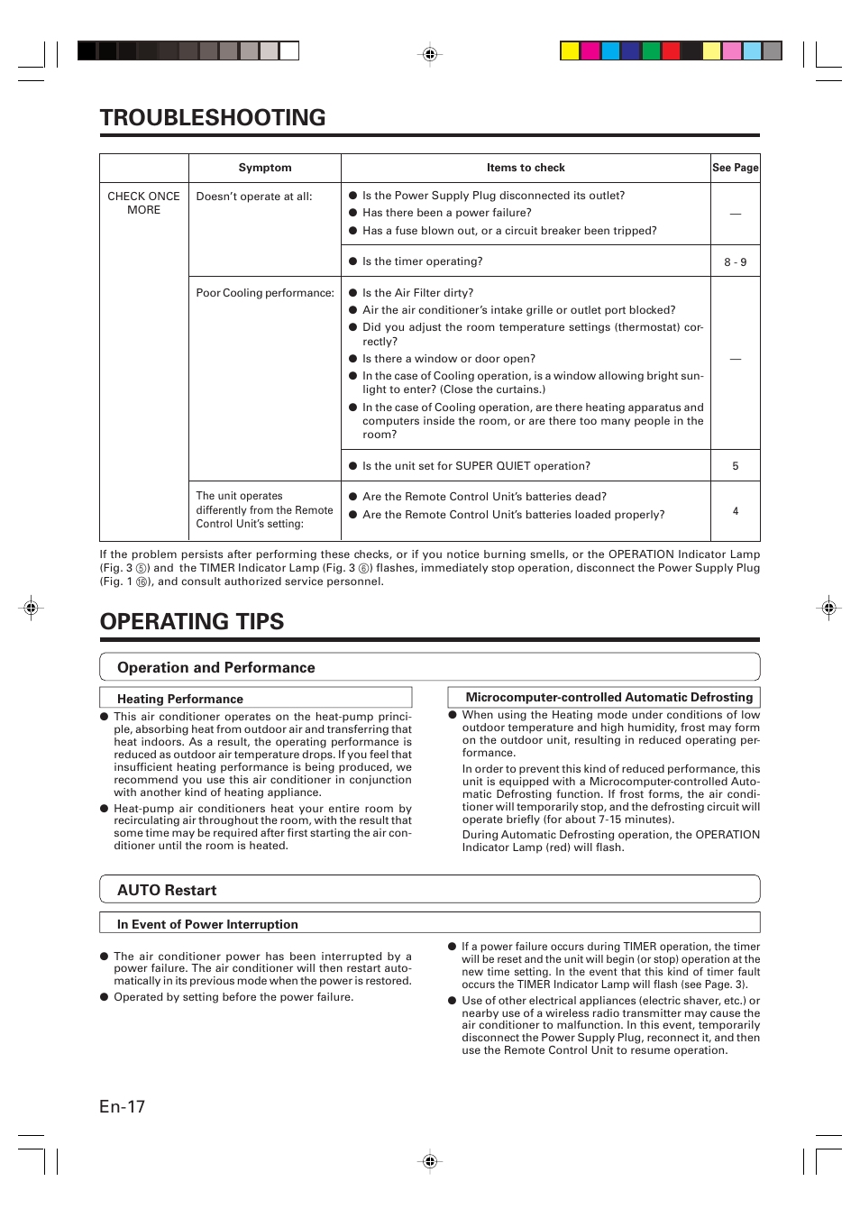 Troubleshooting, Operating tips, En-17 | FUJITSU AOU15RLQ User Manual | Page 19 / 20