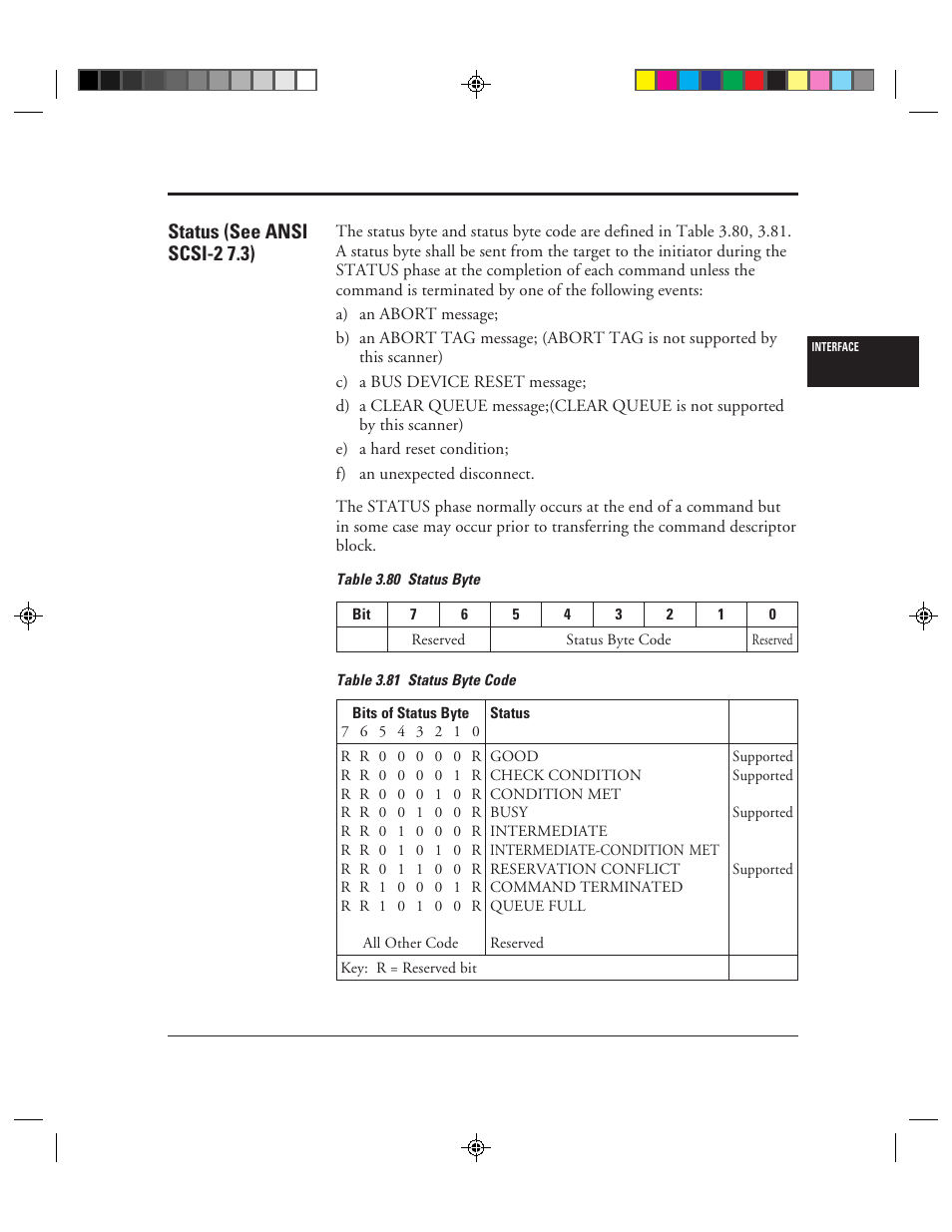 Status (see ansi scsi-2 7.3), Status (see ansi scsi-2 7.3) -97, 80 status byte -97 3.81 status byte code -97 | FUJITSU C150-E049-02EN User Manual | Page 130 / 236