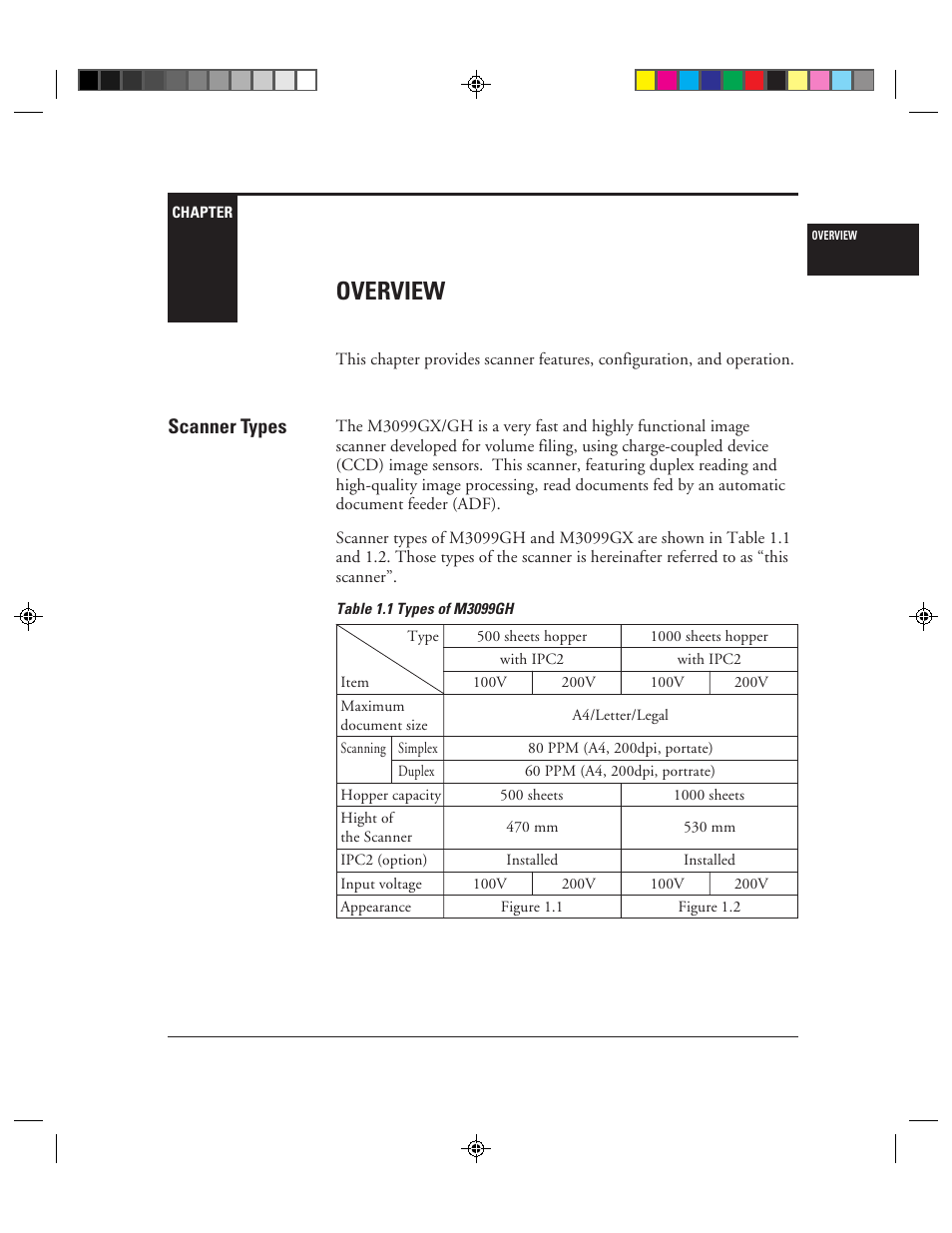 Overview, Scanner types, Chapter 1 | Overview ␣ -1 scanner types -1, 1 types of m3099gh -1, Chapter 1: overview | FUJITSU C150-E049-02EN User Manual | Page 18 / 236