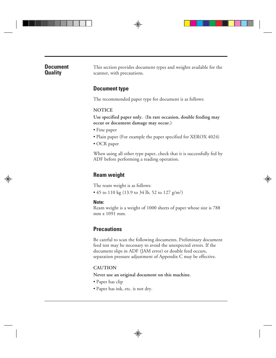 Document quality, Document type, Ream weight | Precautions, Document quality -2, Document type -2 ream weight -2 precautions -2 | FUJITSU C150-E049-02EN User Manual | Page 187 / 236