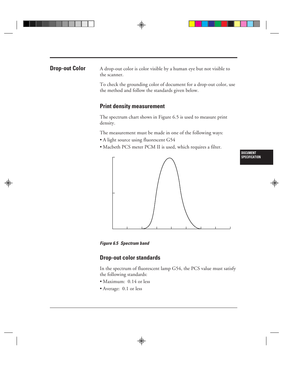 Drop-out color, Print density measurement, Drop-out color standards | Drop-out color -7, 5 spectrum band -7 | FUJITSU C150-E049-02EN User Manual | Page 192 / 236