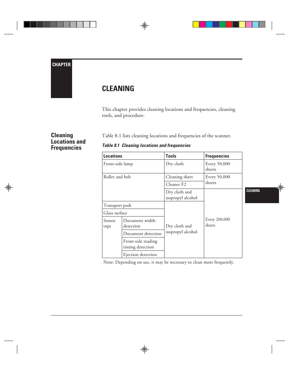 Cleaning, Cleaning locations and frequencies, Chapter 8 | 1 cleaning locations and frequencies -1, Chapter 8: cleaning | FUJITSU C150-E049-02EN User Manual | Page 196 / 236