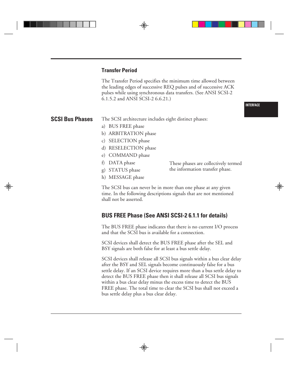 Transfer period, Scsi bus phases, Bus free phase (see ansi scsi-2 6.1.1 for details) | Transfer period -15, Scsi bus phases -15 | FUJITSU C150-E049-02EN User Manual | Page 48 / 236