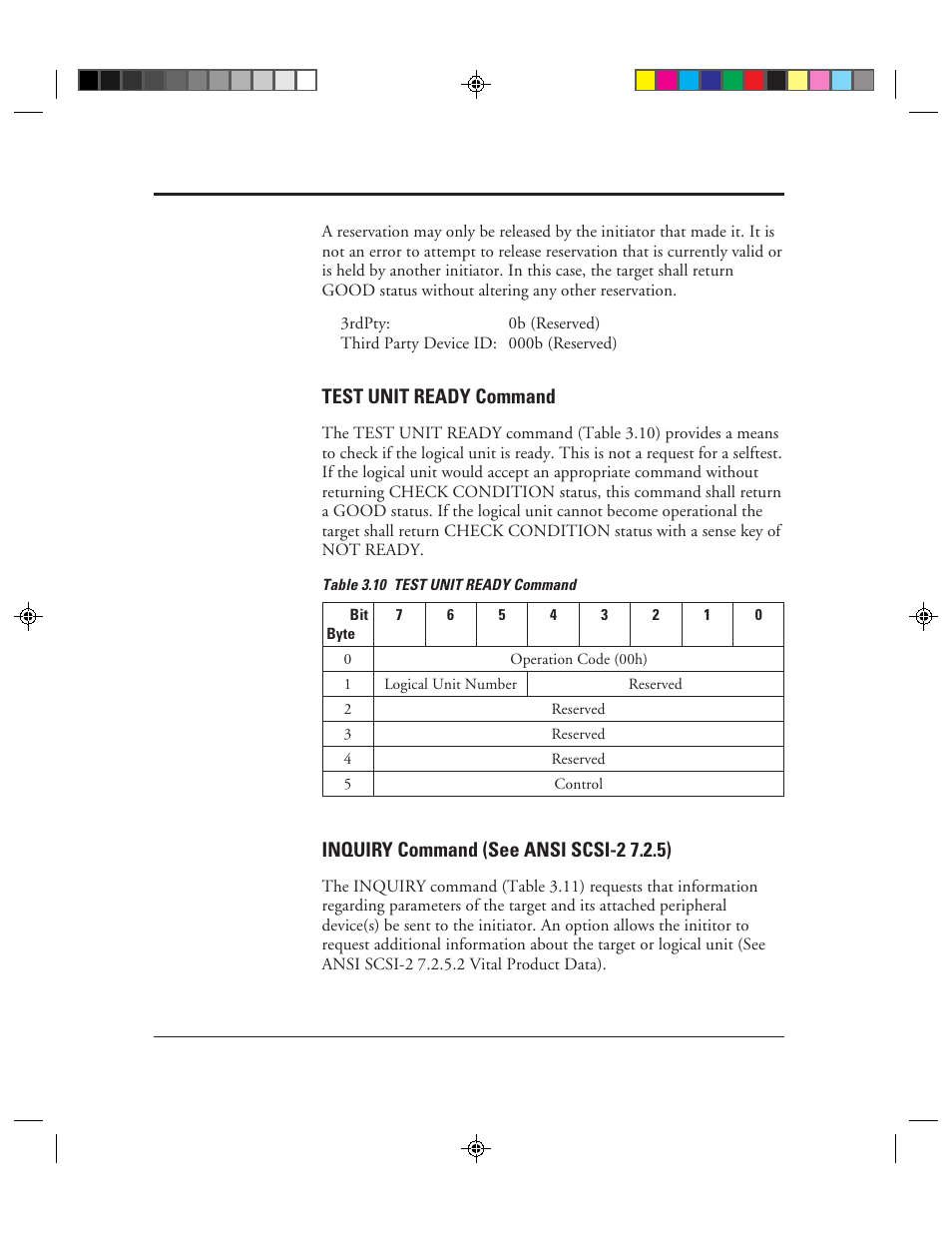 Test unit ready command, Inquiry command (see ansi scsi-2 7.2.5), 10 test unit ready command -32 | FUJITSU C150-E049-02EN User Manual | Page 65 / 236