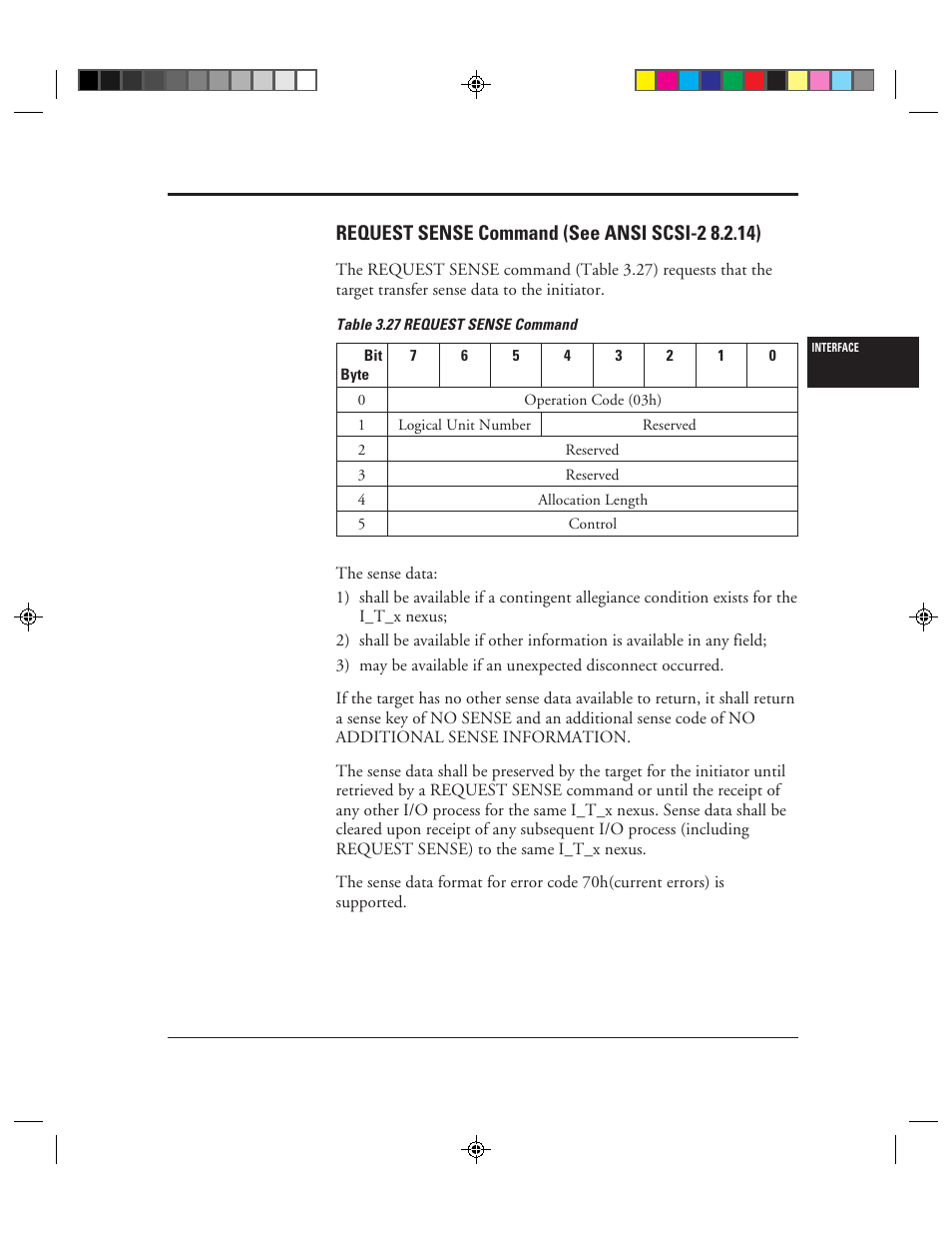 Request sense command (see ansi scsi-2 8.2.14), 27 request sense command -49 | FUJITSU C150-E049-02EN User Manual | Page 82 / 236