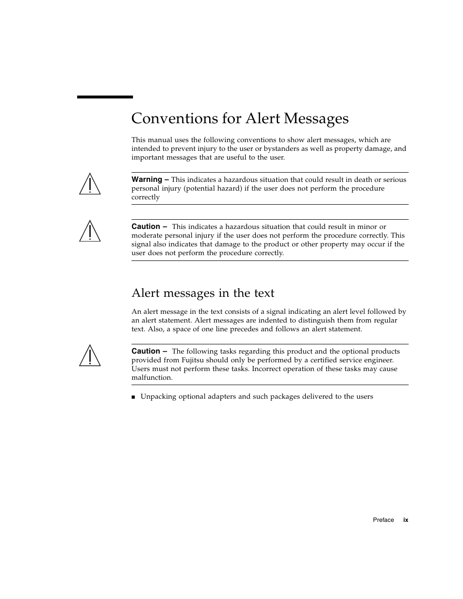 Conventions for alert messages, Alert messages in the text | FUJITSU T2000 User Manual | Page 11 / 30