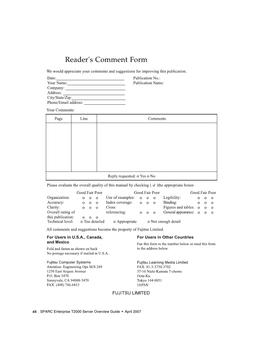 Reader's comment form | FUJITSU T2000 User Manual | Page 14 / 30