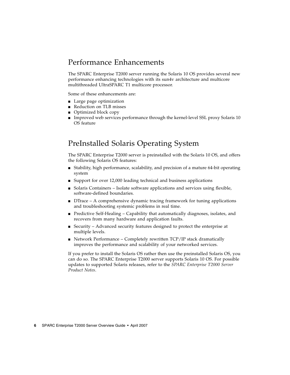 Performance enhancements, Preinstalled solaris operating system | FUJITSU T2000 User Manual | Page 22 / 30