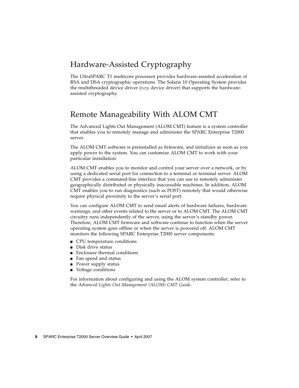 Hardware-assisted cryptography, Remote manageability with alom cmt | FUJITSU T2000 User Manual | Page 24 / 30