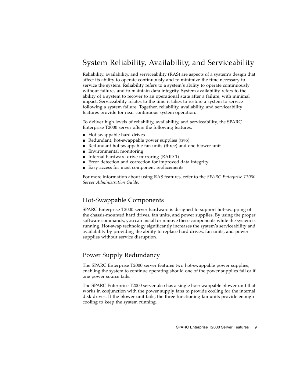 Hot-swappable components, Power supply redundancy | FUJITSU T2000 User Manual | Page 25 / 30