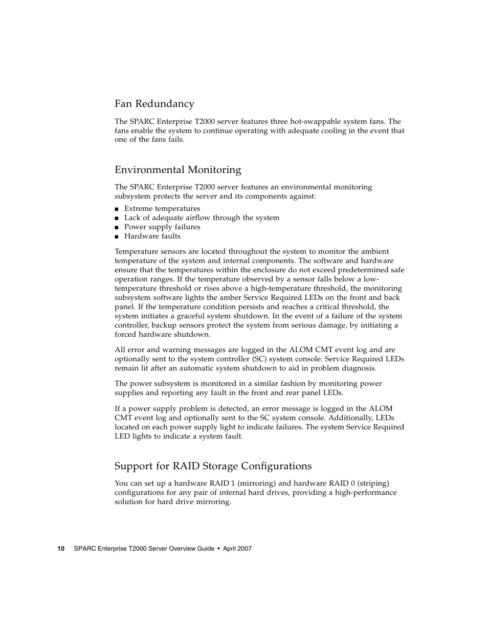 Fan redundancy, Environmental monitoring, Support for raid storage configurations | FUJITSU T2000 User Manual | Page 26 / 30