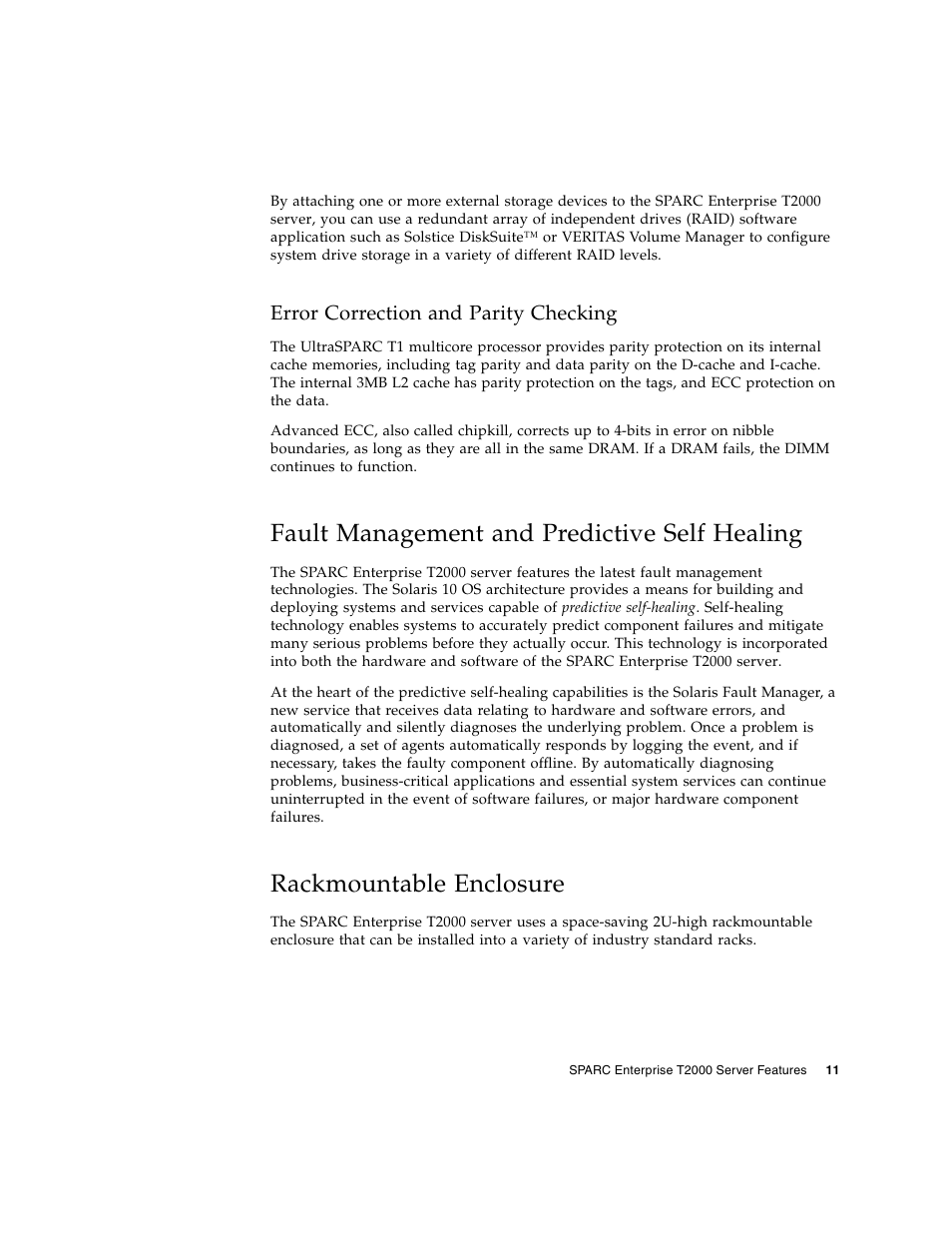 Error correction and parity checking, Fault management and predictive self healing, Rackmountable enclosure | FUJITSU T2000 User Manual | Page 27 / 30