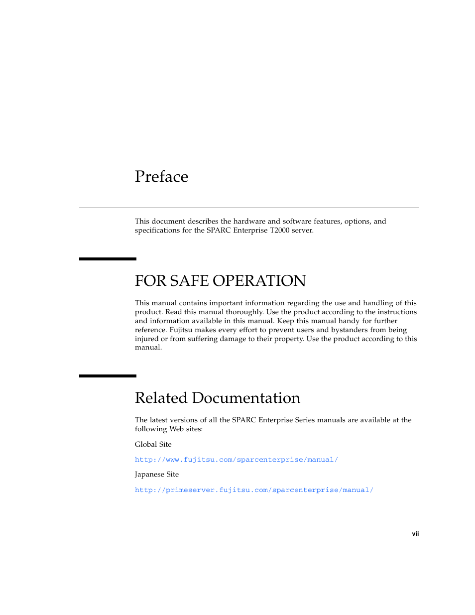 Preface, For safe operation, Related documentation | FUJITSU T2000 User Manual | Page 9 / 30