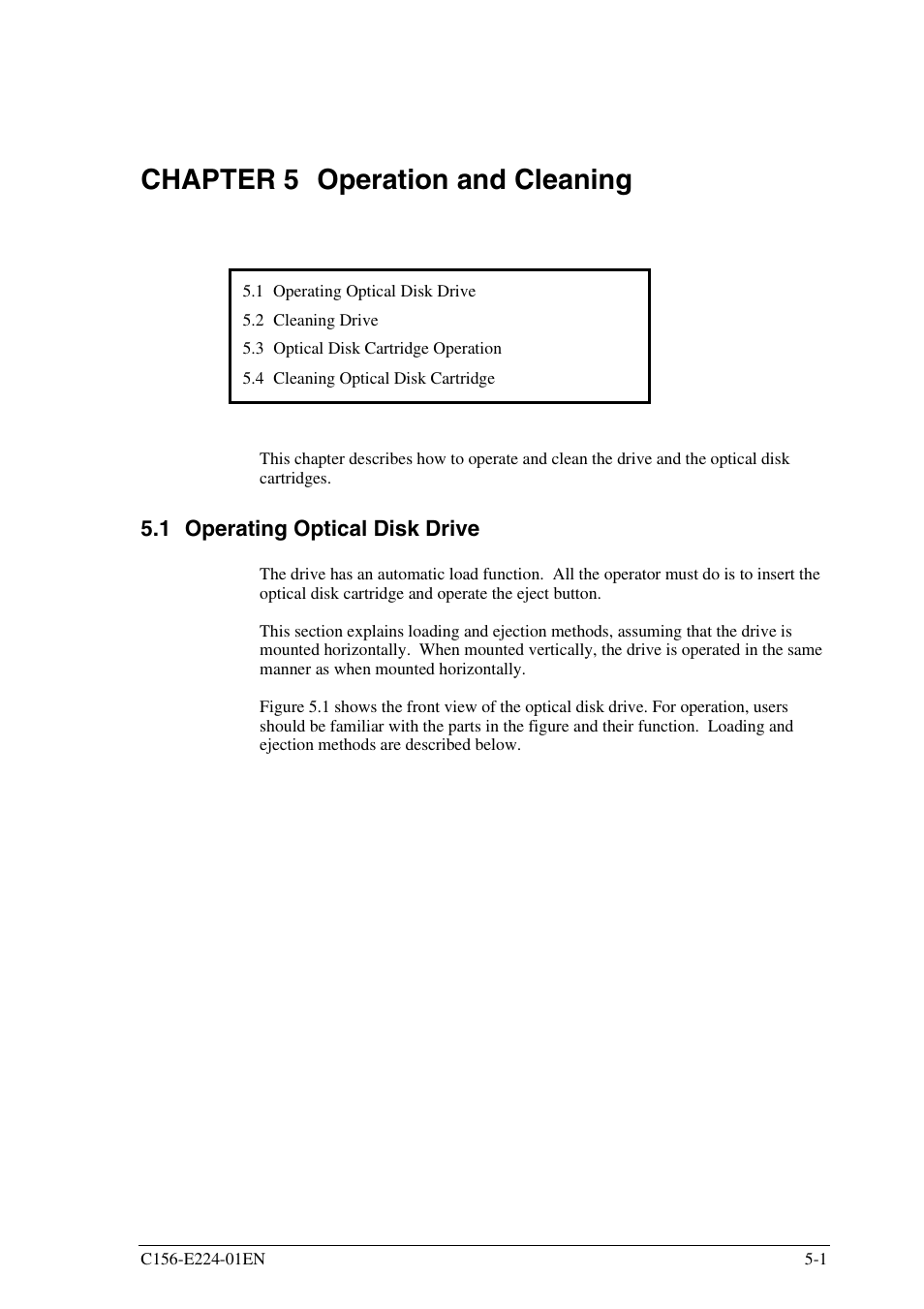 Chapter 5 operation and cleaning, 1 operating optical disk drive | FUJITSU MCJ3230SS User Manual | Page 129 / 161