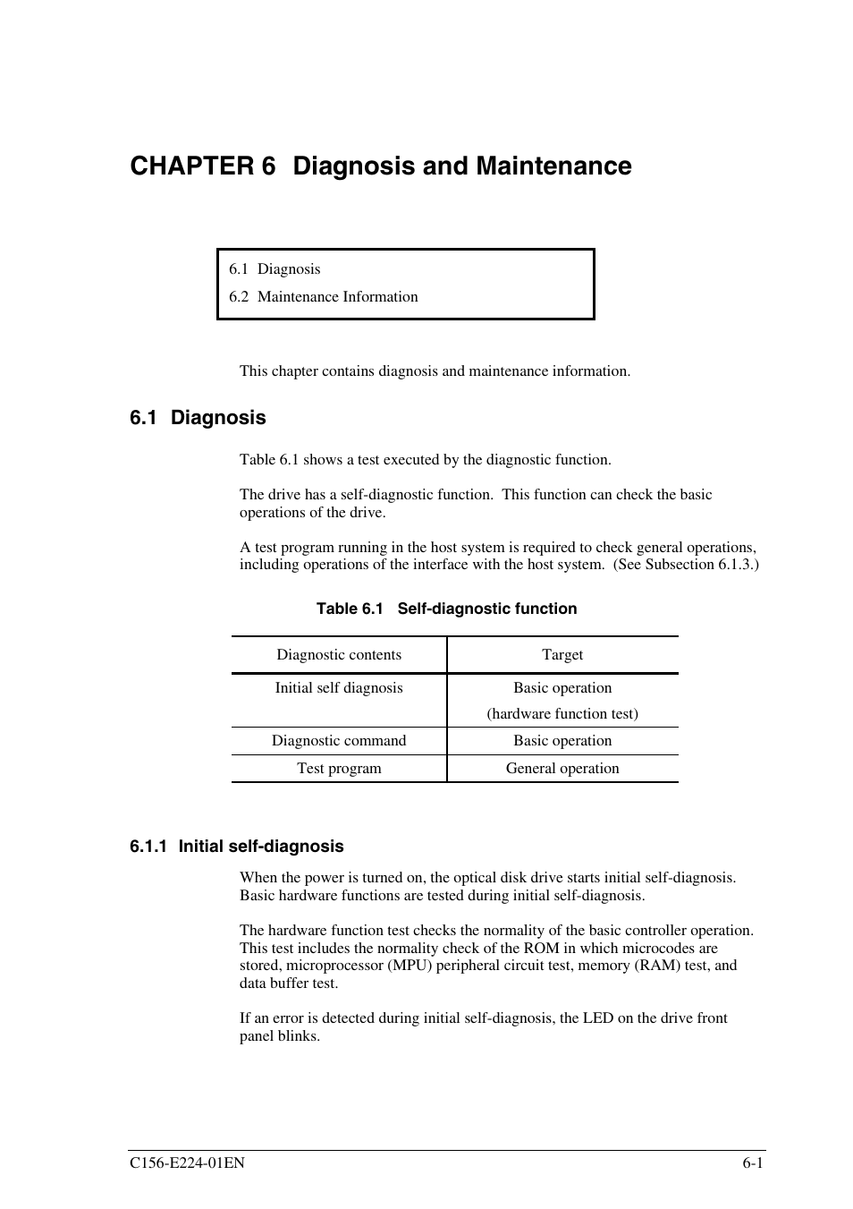 Chapter 6 diagnosis and maintenance, 1 diagnosis, 1 initial self-diagnosis | FUJITSU MCJ3230SS User Manual | Page 143 / 161