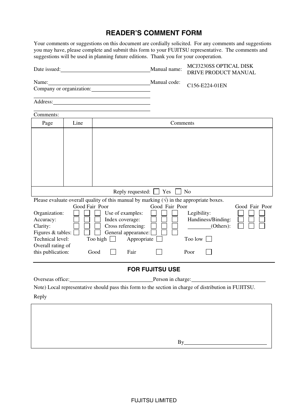 Reader’s comment form | FUJITSU MCJ3230SS User Manual | Page 159 / 161