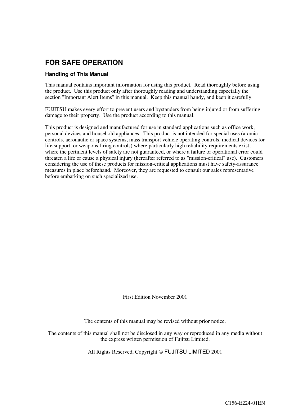 For safe operation | FUJITSU MCJ3230SS User Manual | Page 2 / 161